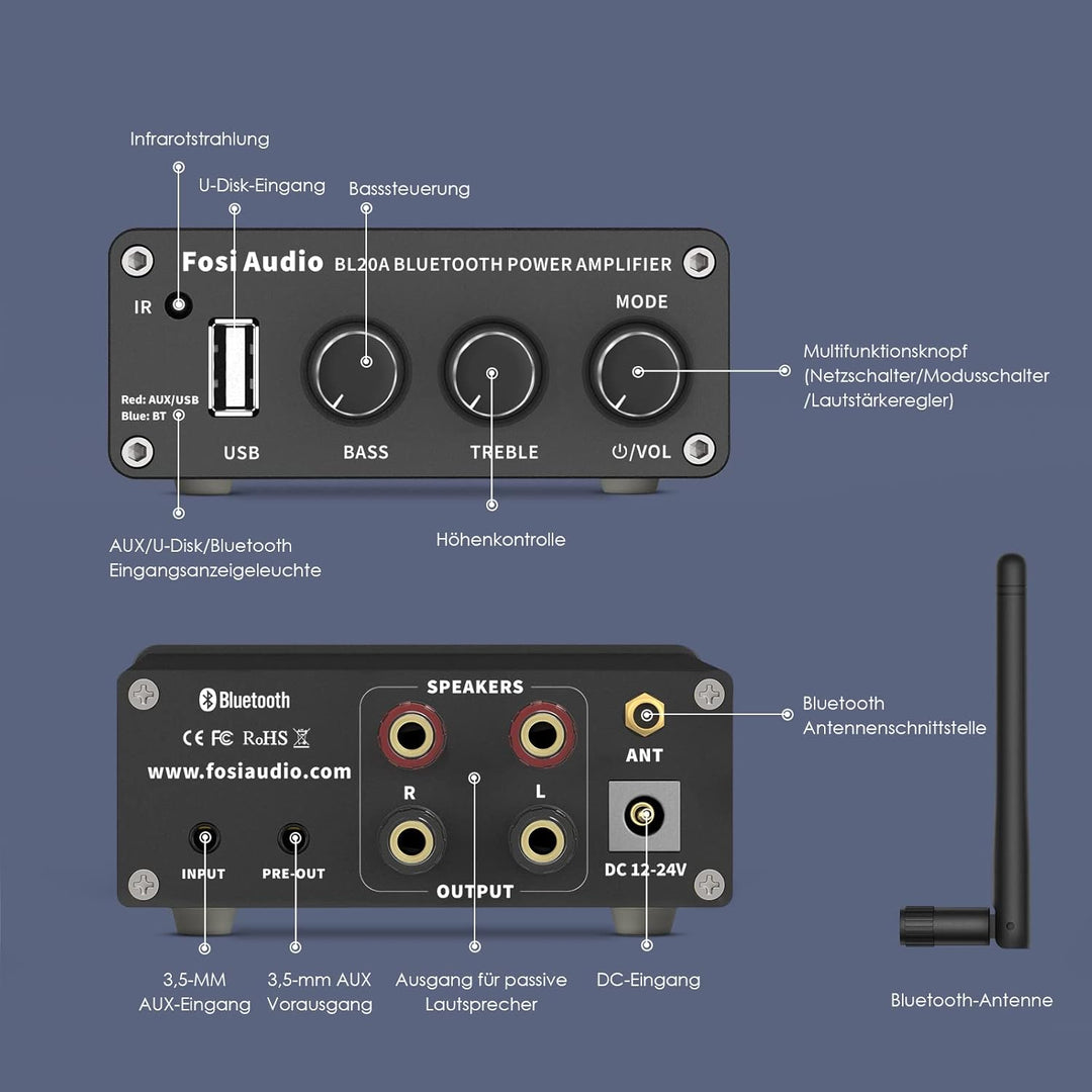 Fosi Audio BL20A Bluetooth 5.0 Heim-Audio-Stereo-Verstärker Mini Hi-Fi Klasse D Integrierter Verstär