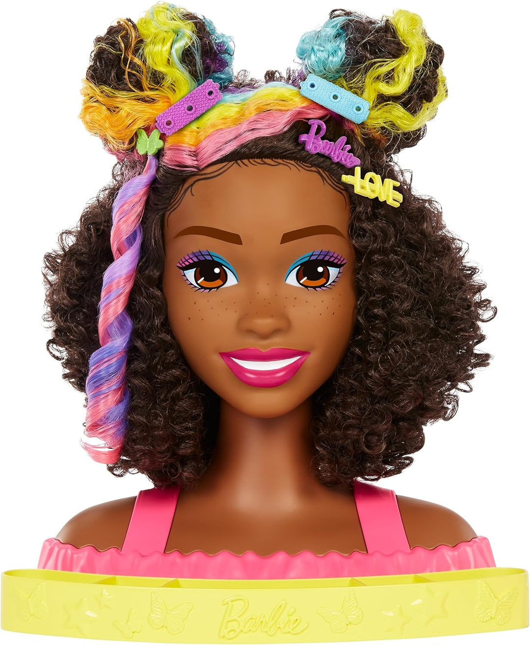 Barbie HMD79 - Barbie-Puppe Deluxe Styling-Kopf, Barbie Totally Hair, lockige braune Neon-Regenbogen