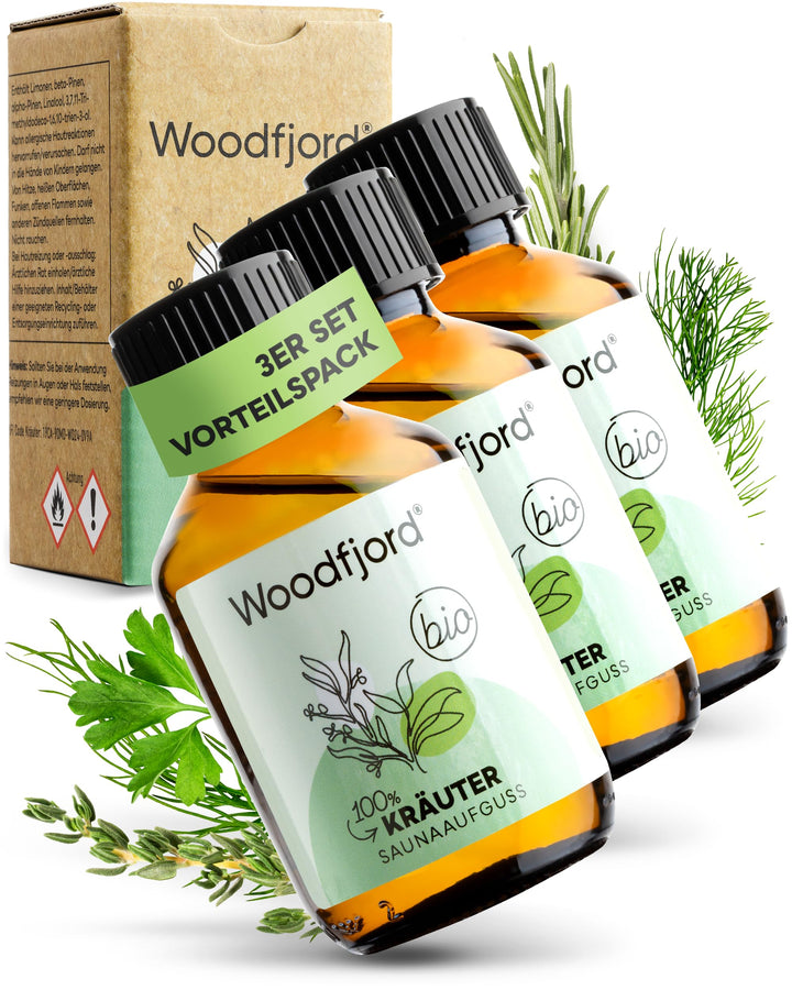 WOODFJORD Saunaaufguss Kräuter BIO 3 x 100 ml I Premium Sauna Aufgussmittel für authentische und nac