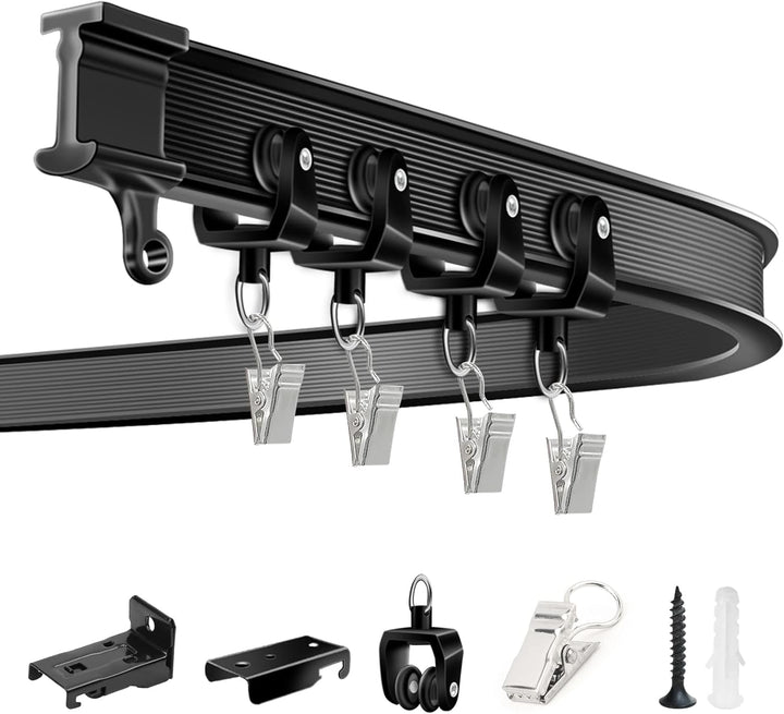 Deckenvorhangschiene, flexible Vorhangschiene, Deckenwand, schwarz, biegbar, montiert, strapazierfäh