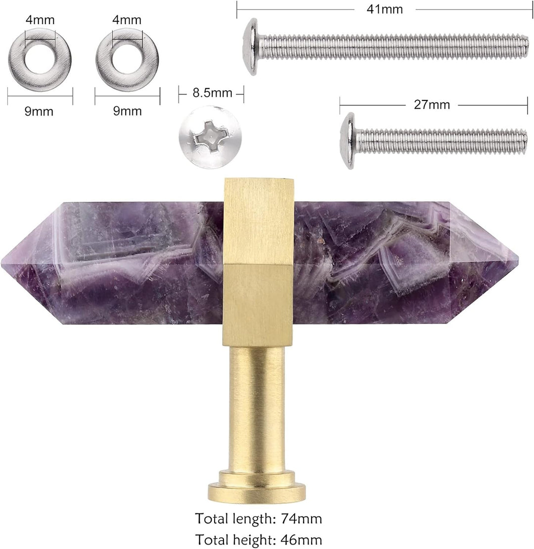 KYEYGWO 2 Stück Amethyst Heilstein Punkt Möbelknöpfe mit Schrauben, Messing Schubladenknöpfe Kristal