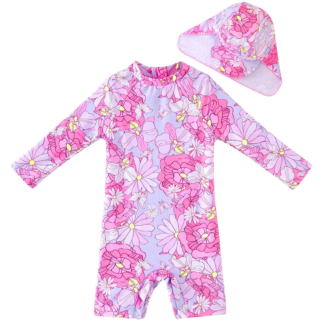 UMELOK Baby Badebekleidung Mädchen Badeanzug mit Sonnenhut UV Schutz 0-3 Monate Blumen, Rosa, 0-3 Mo