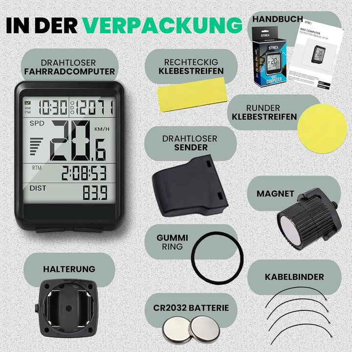 Strex Fahrradcomputer Kabellos - Wasserdicht - 17 Funktionen - Extra Grosser Bildschirm
