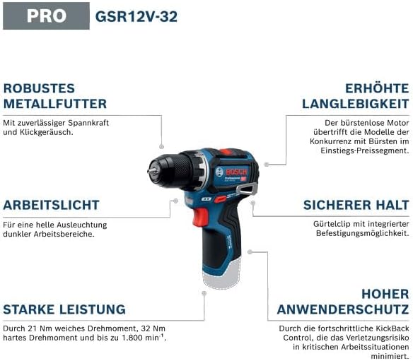 Bosch Professional 12V System Akku-Bohrschrauber GSR 12V-32 (Advanced KickBack Control, bürstenloser