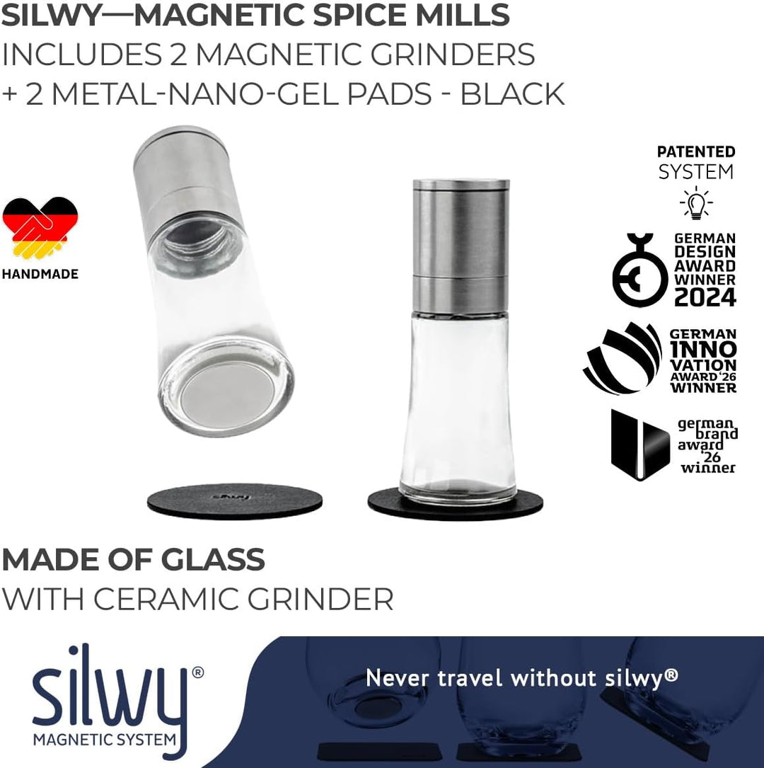 silwy® Gewürzmühlen mit Magneten 2er Set mit verstellbarem Keramikmahlwerk inkl. 2 Metall-Nano-Gel-P