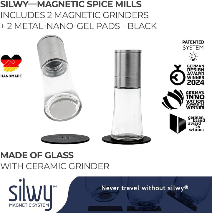 silwy® Gewürzmühlen mit Magneten 2er Set mit verstellbarem Keramikmahlwerk inkl. 2 Metall-Nano-Gel-P