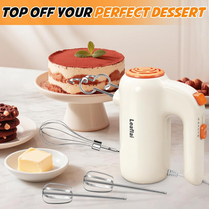 Handmixer, 5-Gang-Elektro-Schneebesen mit Turbo-Boost, inklusive 5 Edelstahl-Aufsätzen - Tolle Stand
