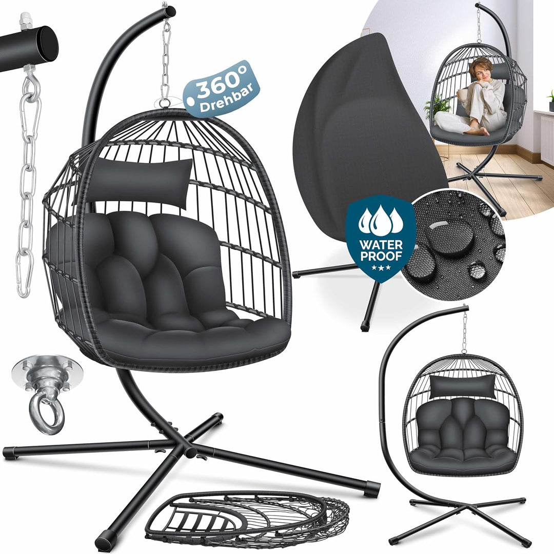 KESSER® Hängesessel Jungle mit Gestell Stahl Hängekorb Sessel Grossen Kissen + Decken Halterung + Co