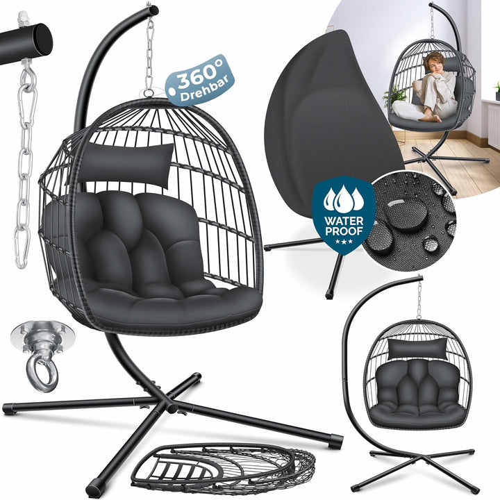 KESSER® Hängesessel Jungle mit Gestell Stahl Hängekorb Sessel Grossen Kissen + Decken Halterung + Co
