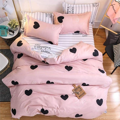 Freyamy Bettwäsche 200x220cm 3teilig Rosa Schwarz Herz Bettwaren-Sets Gebürstet Microfaser Weiche We