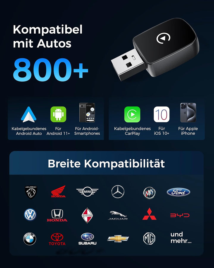 CarPlay und Android Auto Wireless Adapter 2 In 1, V5.3 Bluetooth Stabile Verbindung, Dualband WiFi 6