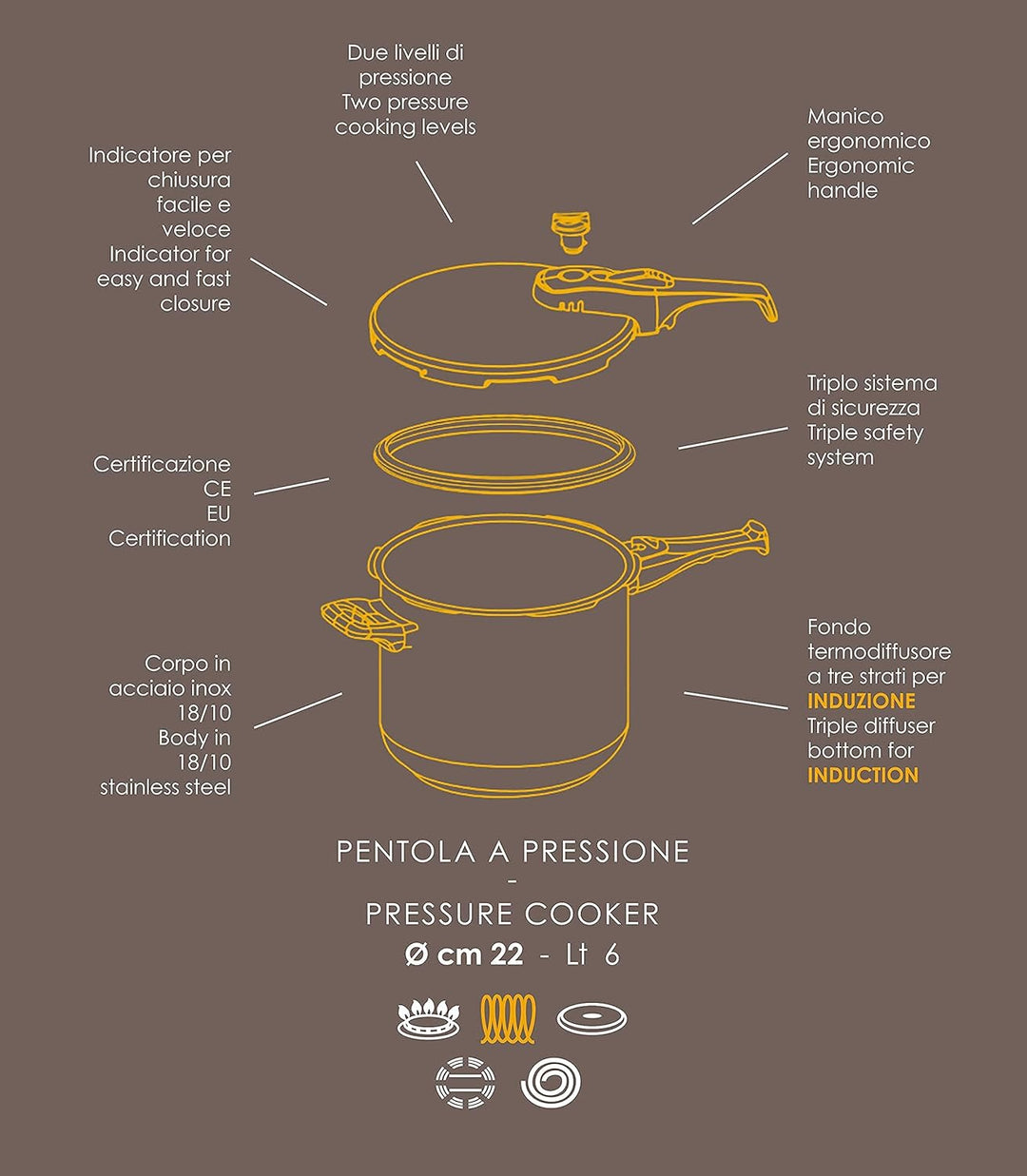 Pintinox, Energy, Schnellkochtopf aus Edelstahl - induktionsgeeignet - 6 Liter