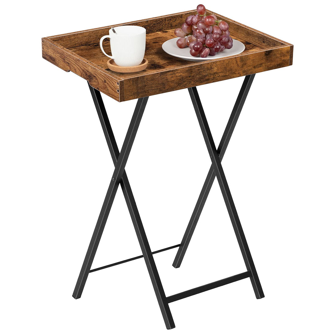 HOOBRO Beistelltisch mit Tablett, klappbarer Sofa-Beistelltisch mit abnehmbarem Holztablett, Vintage
