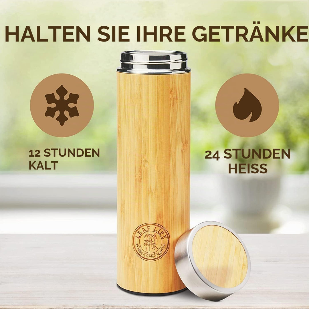 LeafLife Teeflasche mit Sieb to Go - 500ml Tea infuser aus Bambus - Teeflasche to go für Teeblätter