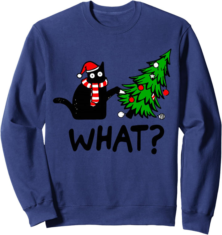 Funny Black Cat Gift Pushing Christmas Tree Over Cat What? Sweatshirt