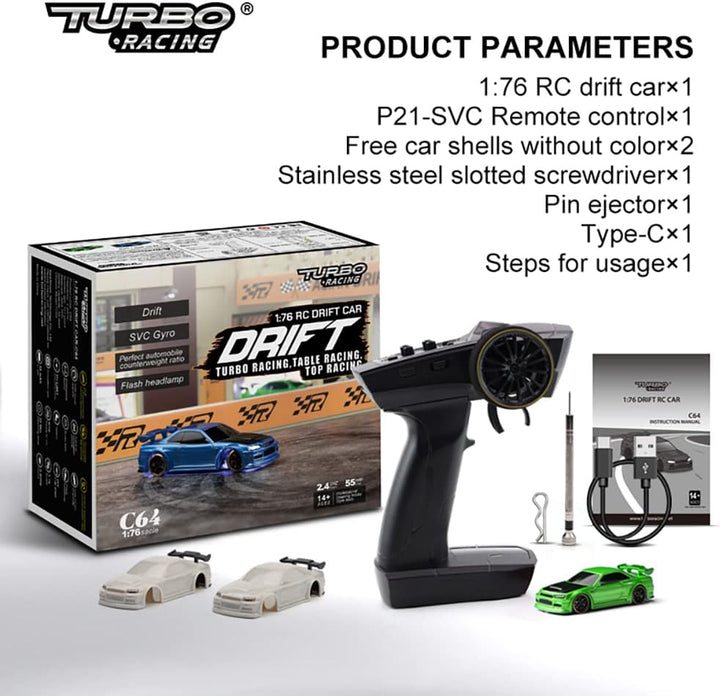 FLYCOLOR Turbo Racing 1:76 Scale Drift RC Car mit Gyro Mini Full Proportional RTR 2.4GHZ Fernsteueru