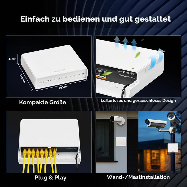MokerLink 8 Port Gigabit PoE Switch für den Aussenbereich, 8 PoE+ Ports 1000Mbps, 802.3af/at 120W, w