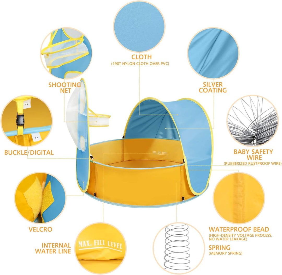 Peradix 4 in 1 Baby Planschbecken mit Dach,Baby Zelt Pop Up Bällebad mit Basketballkorb(Kein Ball),T