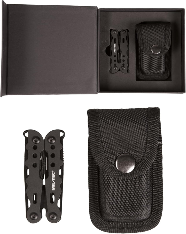 Mil-Tec Multi Tool Schwarz mit Etui • Edelstahl Multifunktionswerkzeug • Taschenwerkzeug mit Zange,