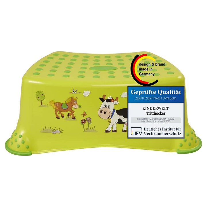 KiNDERWELT Premium Tritthocker für Kinder und Babys, Bauernhof Design in Grün, Tritthocker Stufe für