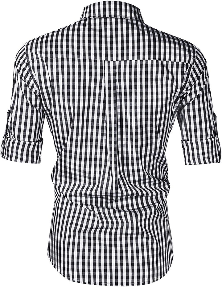 KOJOOIN Trachtenhemd Slim fit Herren kariert Hemd Freizeithemd Langarmhemd Hemd Bestickt Baumwolle -
