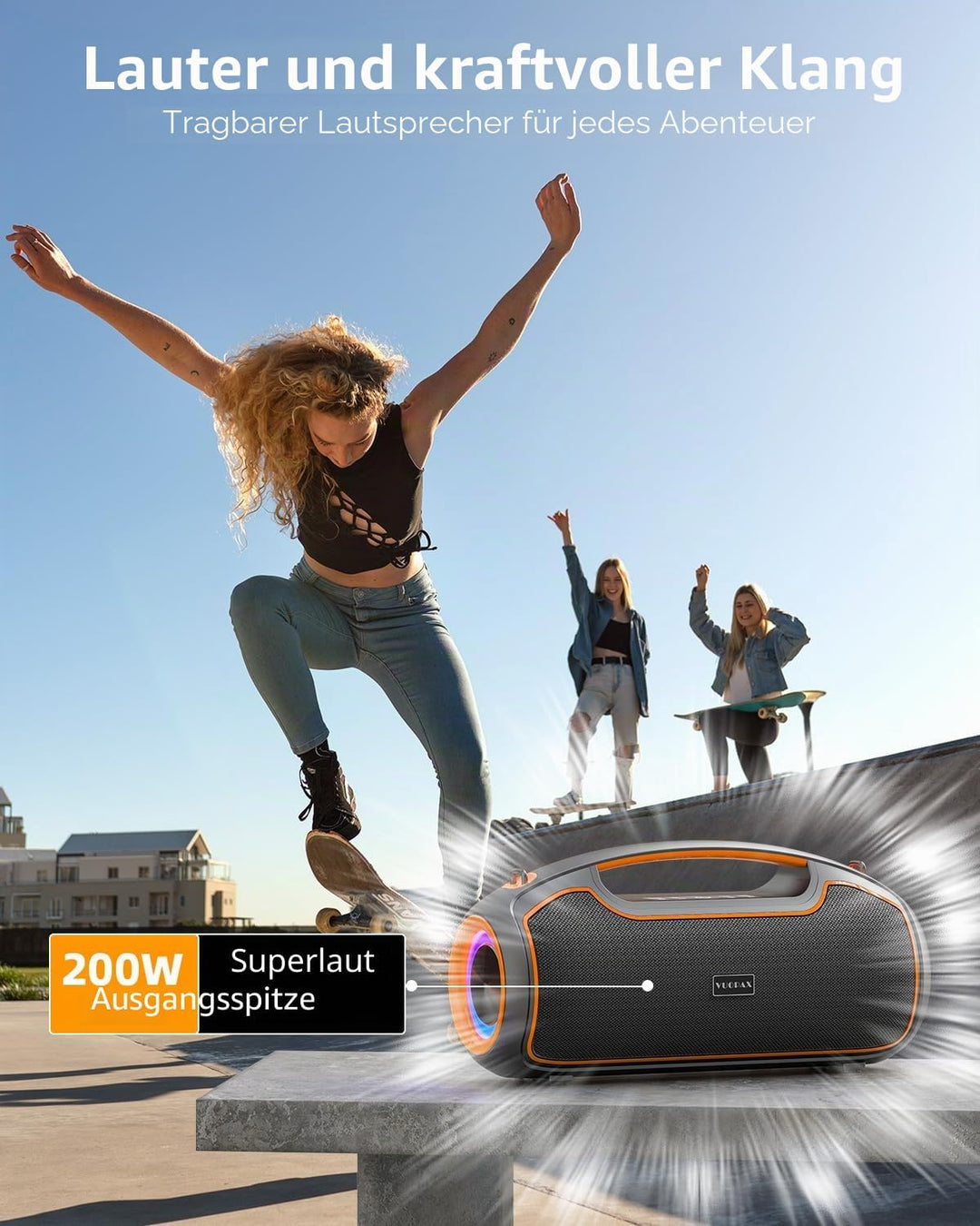Bluetooth Lautsprecher, Tragbare Musikbox Bluetooth 5.3 mit 2 * Subwoofer,200W Spitzenleistung/Bass