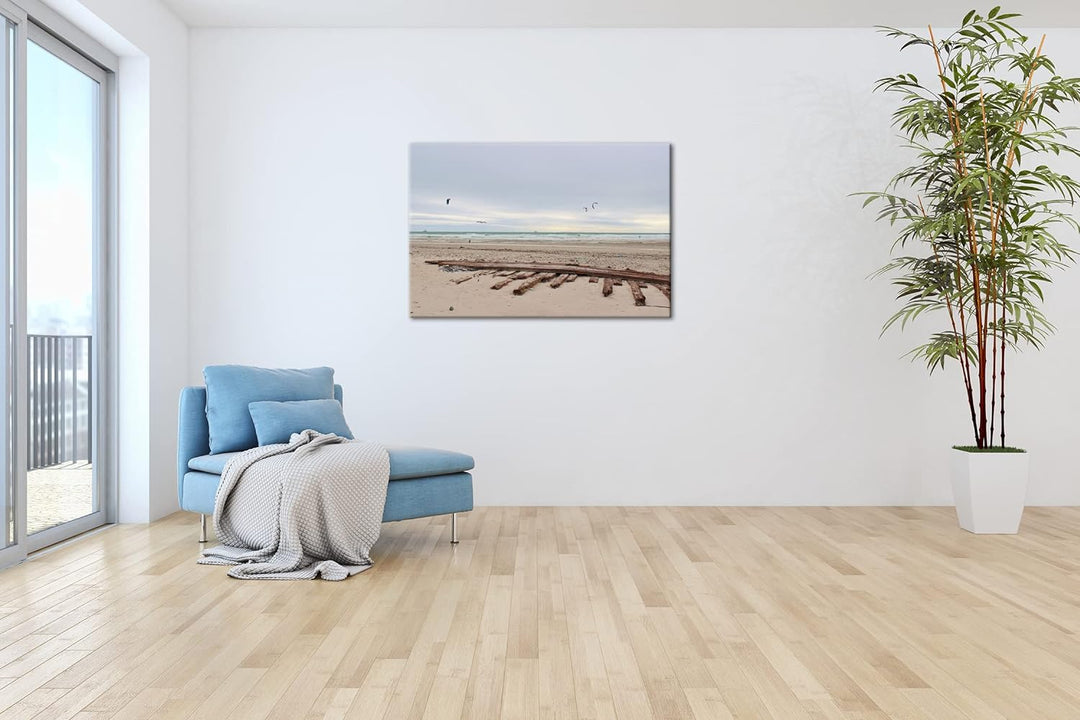 deyoli Sandstrand mit Möwen im Format: 80x60 als Leinwandbild, Motiv fertig gerahmt auf Echtholzrahm