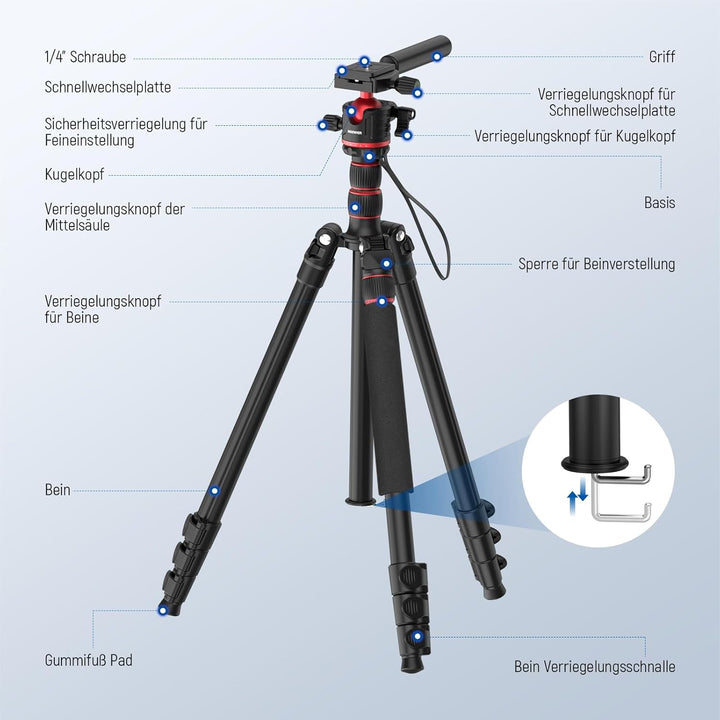 NEEWER BASICS Kamerastativ Einbeinstativ 77" kompaktes leichtes DSLR Reise Videostativ 360°Kugelkopf