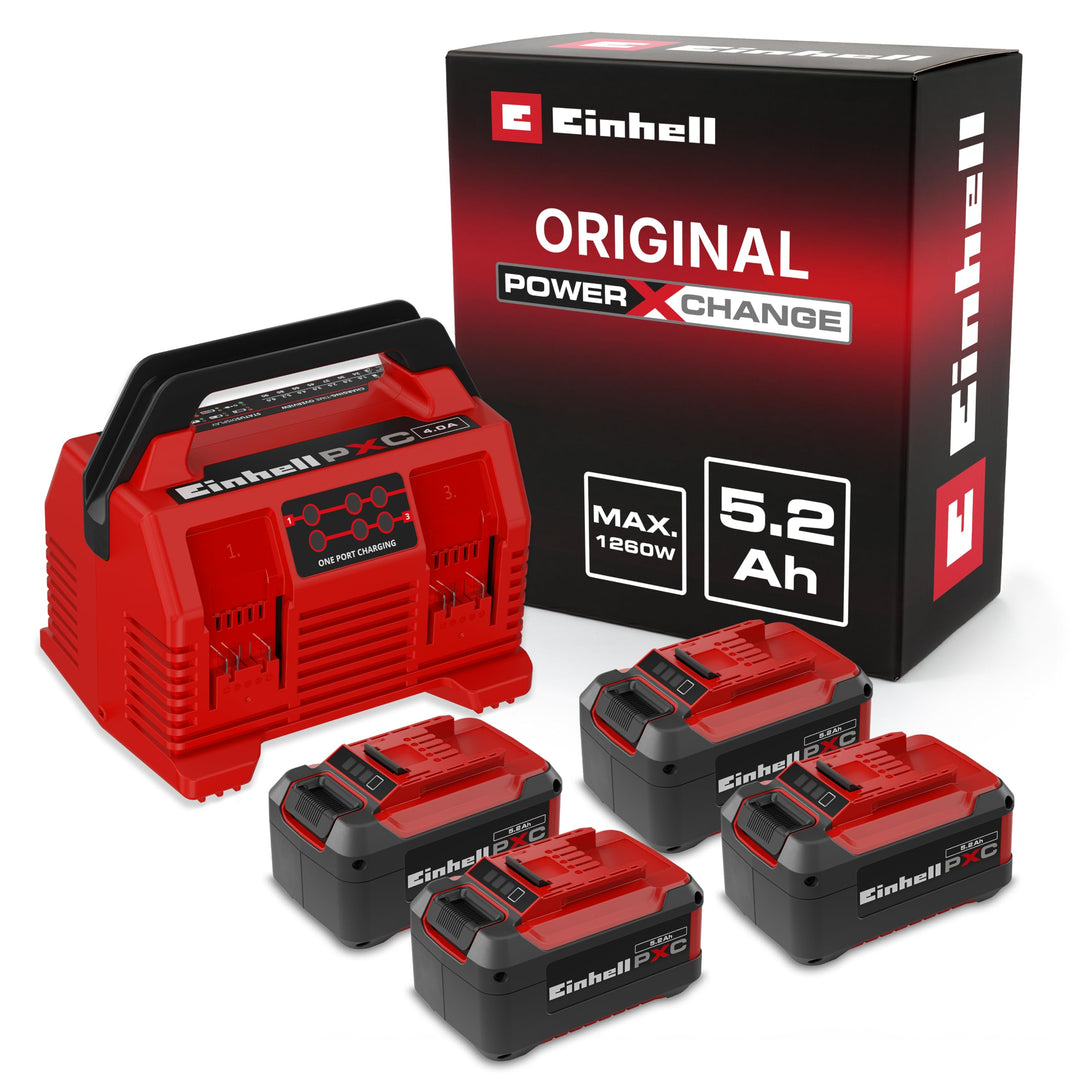 Original Einhell Kit PXC 4X 5,2 Ah & Quattrocharger 4 A | PXC | 18 V | 1260 W | 4x 5,2 Ah Akku | 4-A