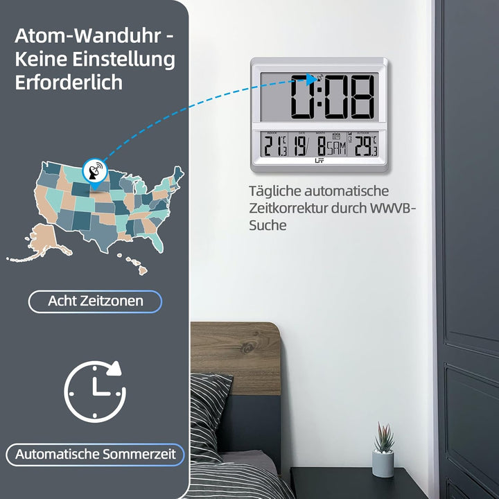 Atomuhr mit Grossem Display, Digitale Wanduhr mit Temperatur Datum Innen Aussen, Drahtloser Aussense