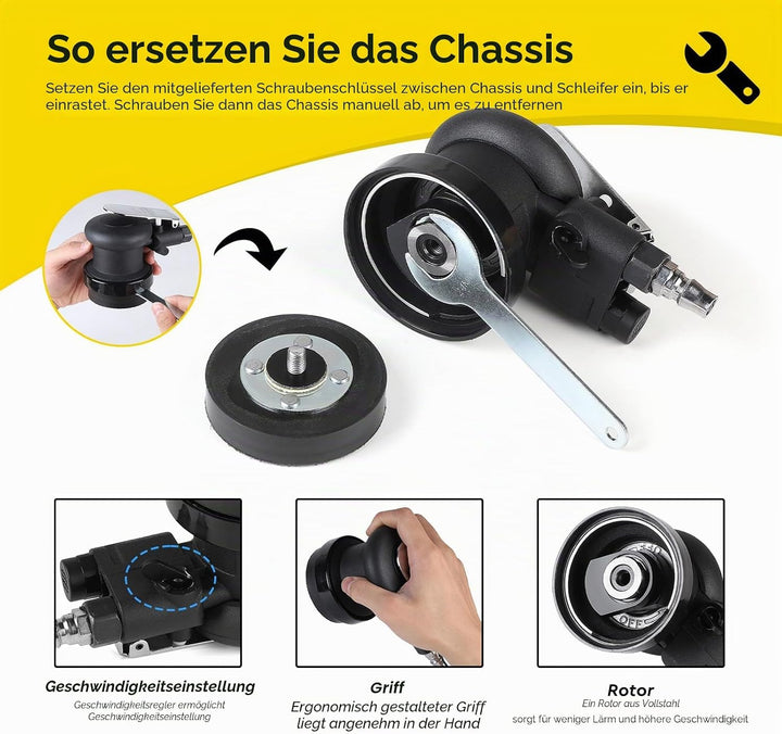 Druckluft Exzenterschleifer 75mm, Leerlaufdrehzahl 12000RPM, Exzenterhub 5 mm, Mini Druckluftschleif