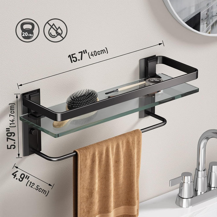 Danpoo Badezimmer Wandregal mit Handtuchstange, klares gehärtetes Glas, Handtuchhalter (mattschwarz)