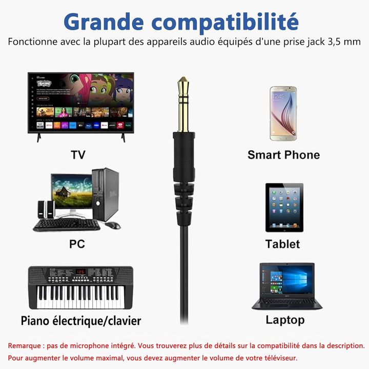 19.5 ft / 6 m extra long cable headphones for TV PC with volume control, spring spiral cable, 3.5 mm
