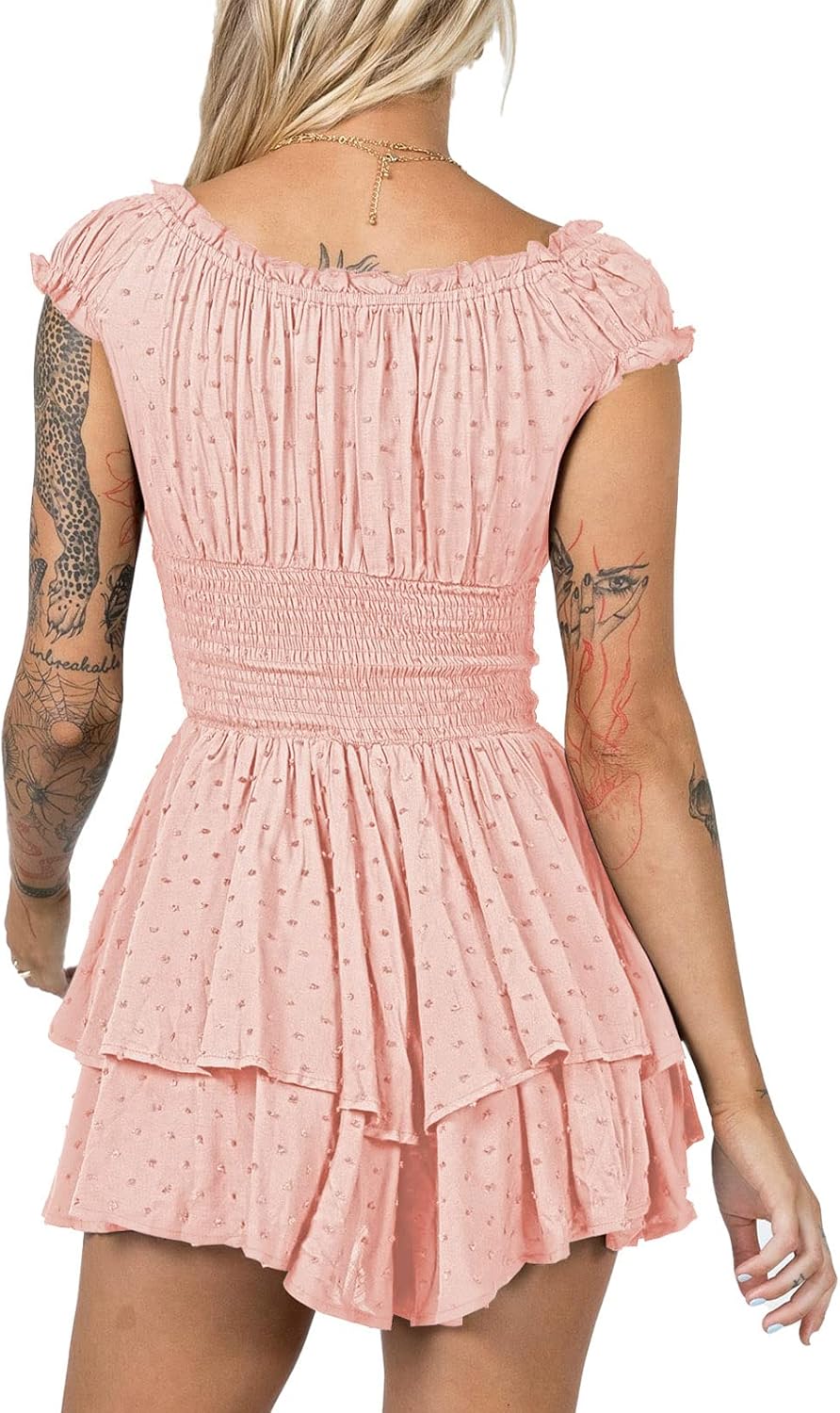 Viottiset Damen Rüschen Shorts Strampler Schulterfrei Swiss Dot Sommer Overalls L Rosa, L Rosa