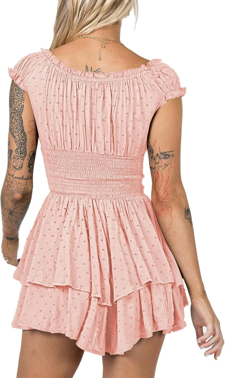 Viottiset Damen Rüschen Shorts Strampler Schulterfrei Swiss Dot Sommer Overalls L Rosa, L Rosa