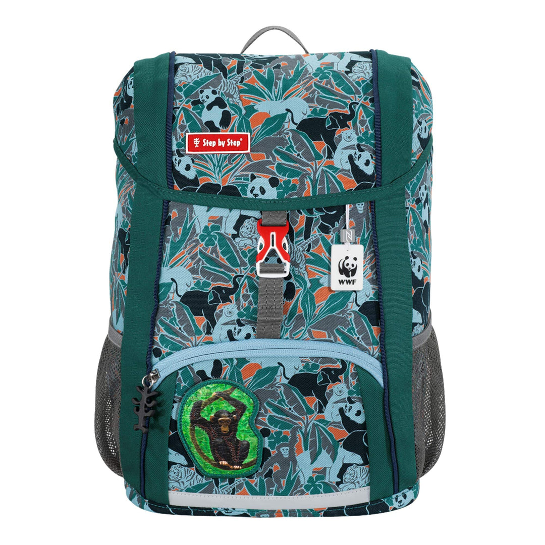 Step by Step Kid Rucksack-Set WWF „Monkeys“, 3-teilig, grün/schwarz/türkis, mit Reflektoren, ergonom
