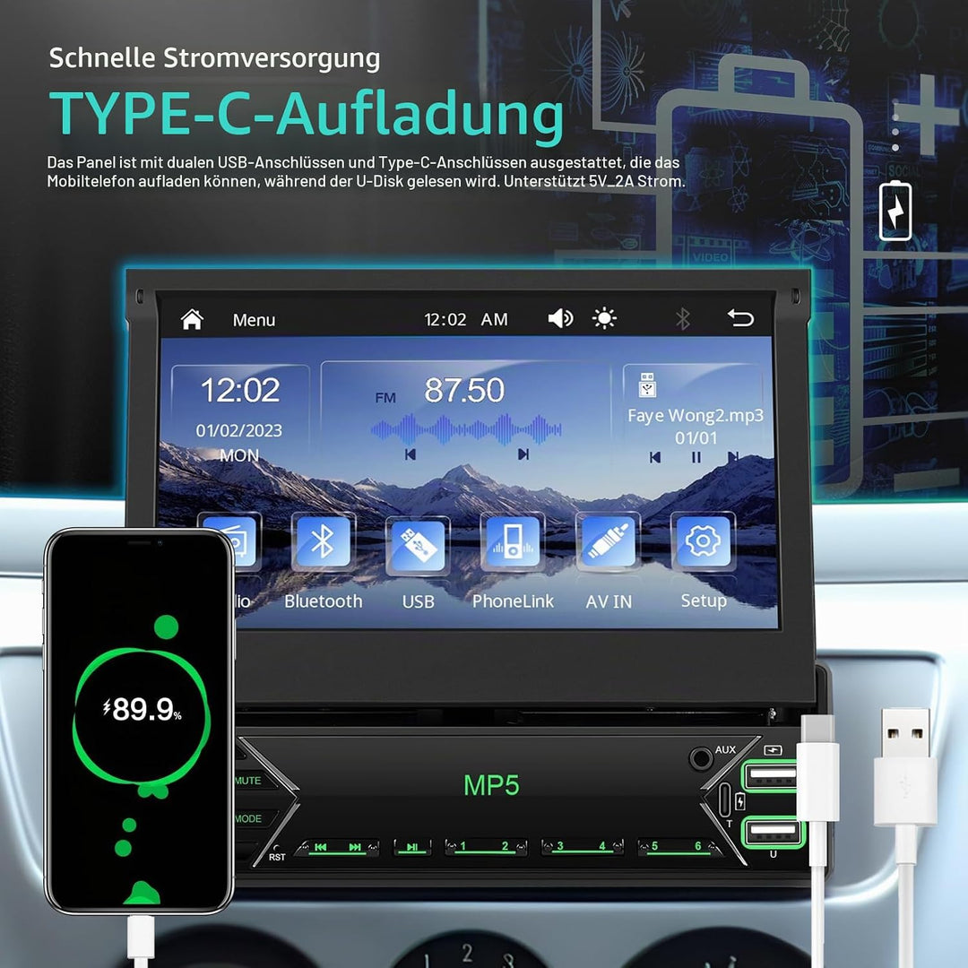 CAMECHO 1 DIN Wireless Carplay Android Auto, 7 Zoll Auto Bildschirm Videoausgang/AUX-IN/FM/TF/Mirror