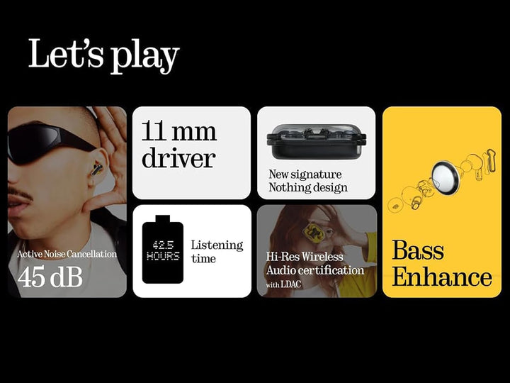 Nothing Ear (a) kopfhörer kabellos Bluetooth mit ANC, Bass-Enhance-Algorithmus und bis zu 42,5 Stund