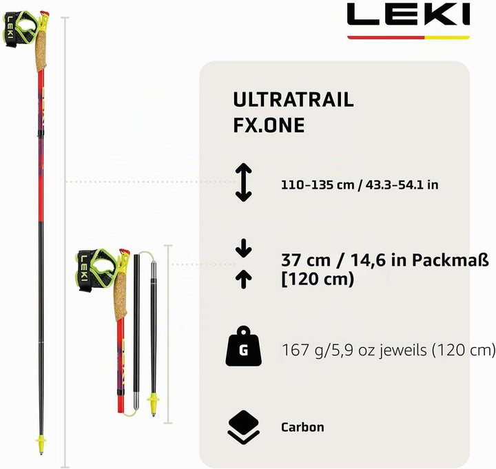 LEKI Ultratrail FX.One Trailrunning Stöcke Damen & Herren | faltbar aus Carbon | Ultraleicht | Fixlä