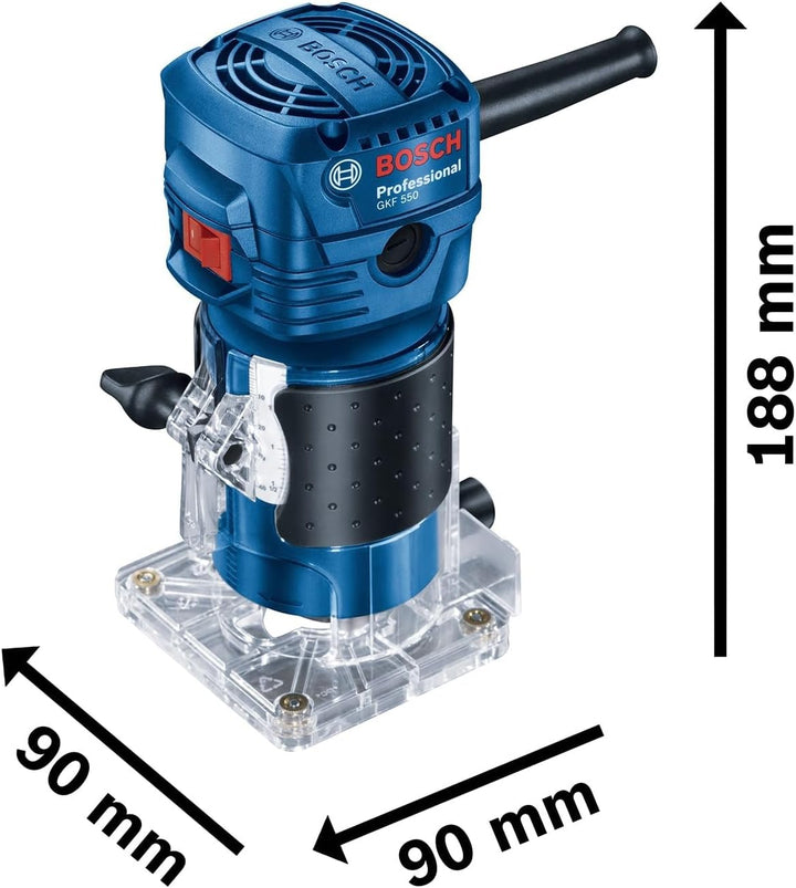 Bosch Professional Kantenfräse GKF 550 (inkl. Parallelanschlag, Rollenführung, Grau, 2x Schraubensch