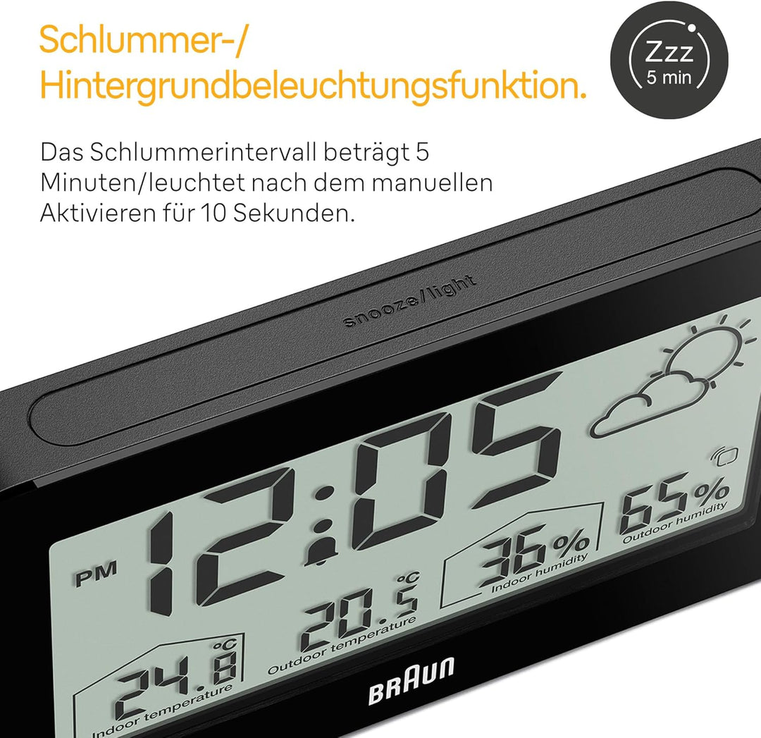 Digitale Braun-Wetterstationsuhr mit Anzeige von Innen- und Aussentemperatur sowie Luftfeuchtigkeit,