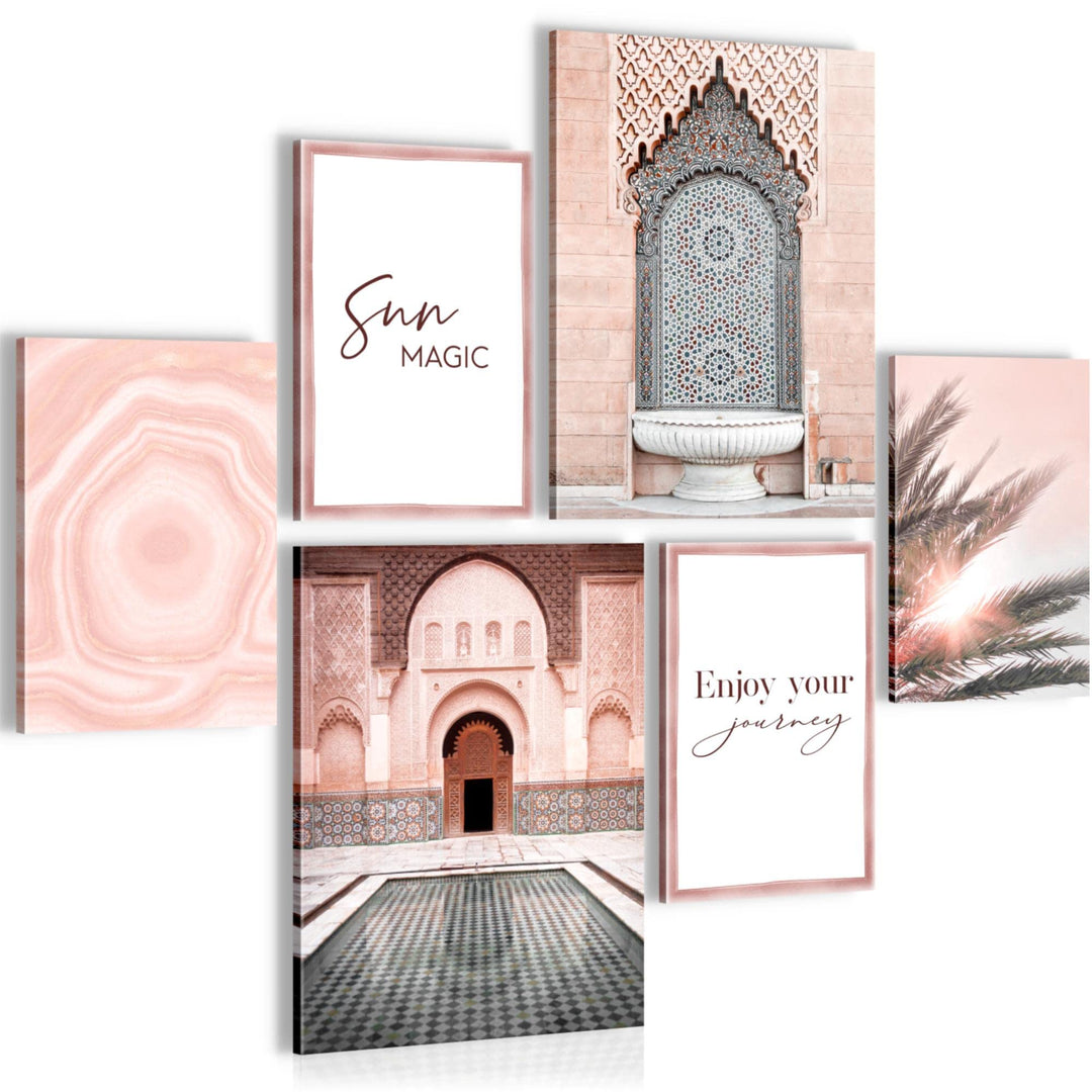 Novart Bilder Set - AUFHÄNGFERTIG - KEIN EXTRA RAHMEN BENÖTIGT - Oriental Marokko Palme Modern Rosa