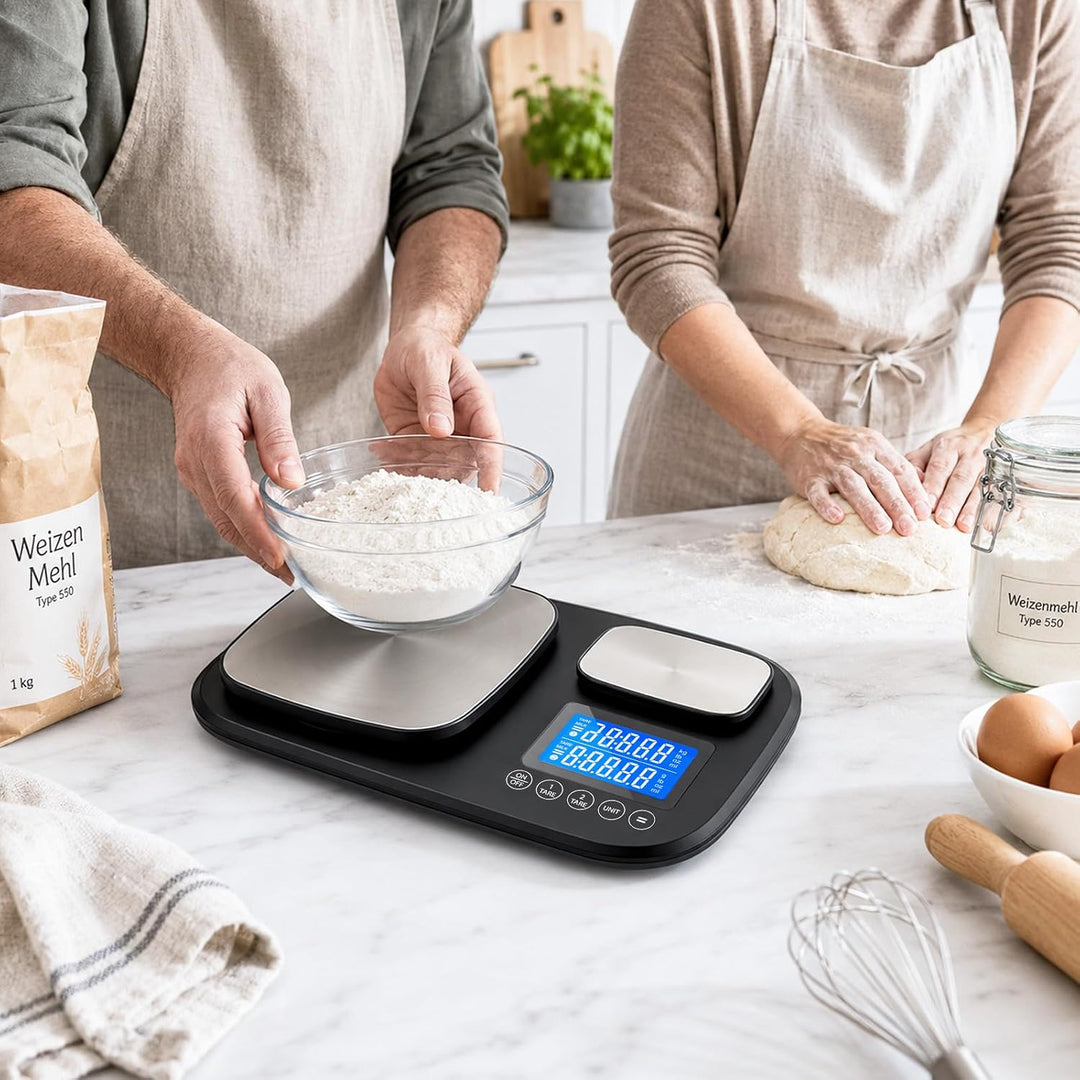 Küchenwaage Digital 15 kg mit Feinwaage 500 g/0,01 g, 2 Flächen zum Backen | Tara-und Addierfunktion