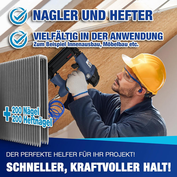 Druckluft Nagler Tacker Klammergerät Koffer Nägel Klammern 2-In-1 HZW.6070 Arbeitsdruck 8,3 bar inkl