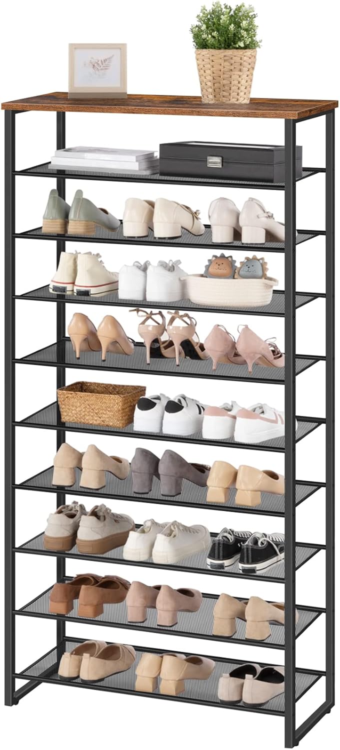HOOBRO Schuhregal mit 10 Ebenen, Schuhschrank hoch, Schuhablage schmal, Schuhaufbewahrung, Metall, f