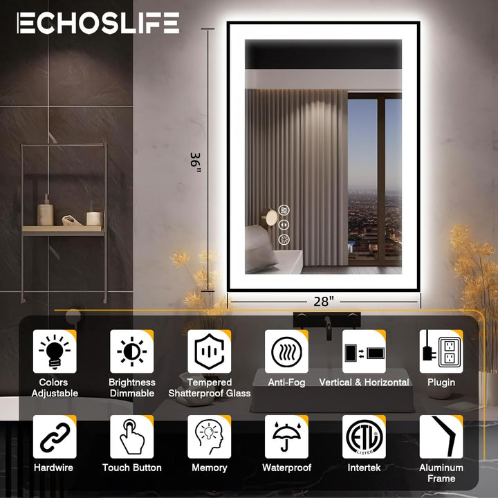 EchosLife 70x90cm Badspiegel mit Beleuchtung Schwarz Aluminium, Dimmbar Spiegel mit Beleuchtung, Ant