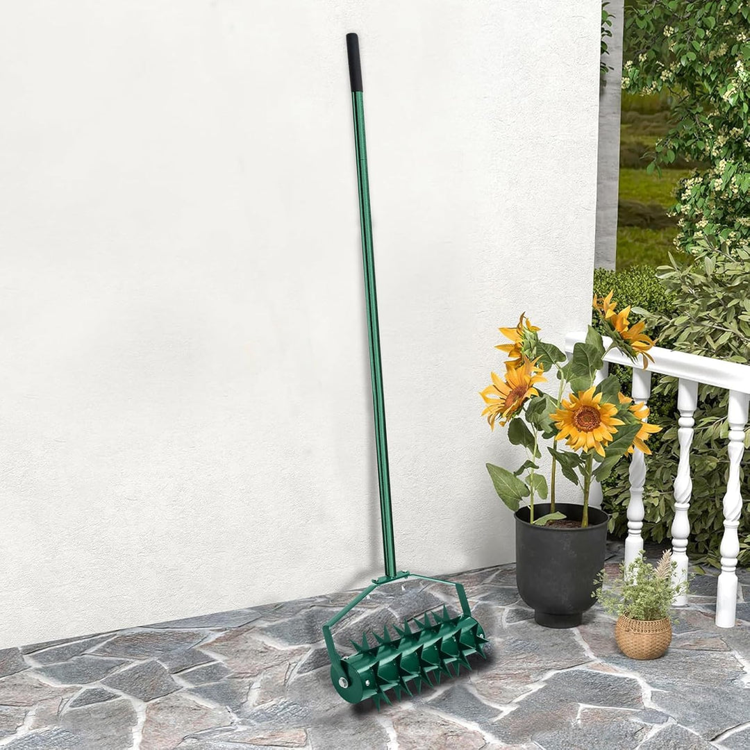 JAOGAUS Aerifizierer für Rasen, Walzentyp Rasenbelüfter, Rasenrolle mit Stiel & 5cm Nägeln & Spritzs