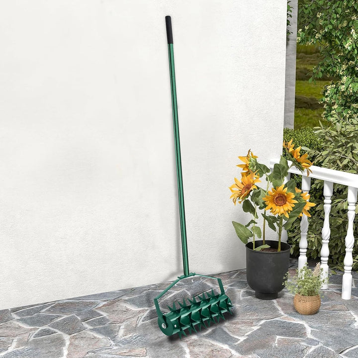 JAOGAUS Aerifizierer für Rasen, Walzentyp Rasenbelüfter, Rasenrolle mit Stiel & 5cm Nägeln & Spritzs