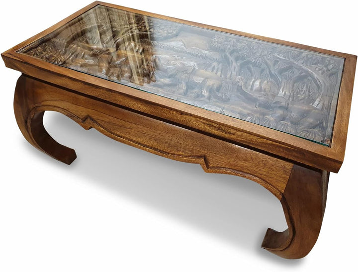 Kinaree Akazie Couchtisch Natur mit Elefanten oder Drachen Schnitzerei und Glasplatte (Elefant II, K