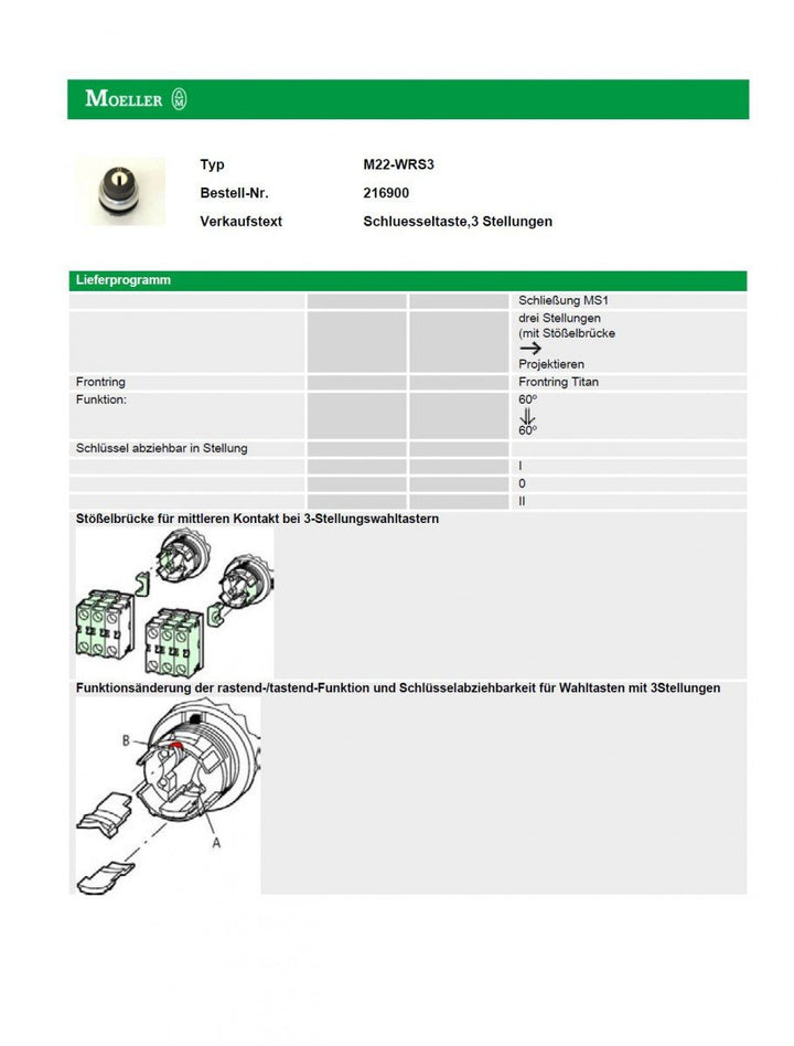 Eaton 216900 Schlüsseltaste, 3 Stellungen, Rastend